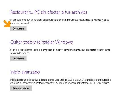 4. Restaurar PC sin afectar a tus archivos