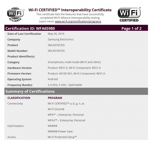 Galaxy A9 Certificacion WFA
