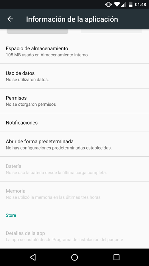 App instalada desde APK de manera manual