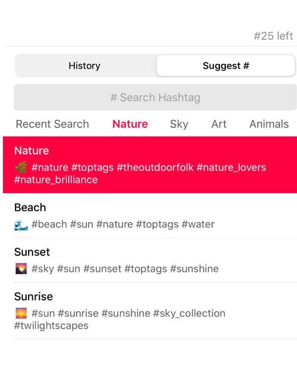 Historias y hashtags guardados apphi