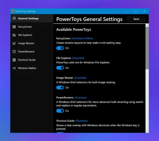Configuración general de Powertoys