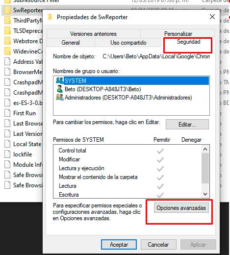 pestaña seguridad avanzado