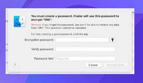 Adición de una contraseña y una sugerencia para el cifrado de la tarjeta SD en macOS.