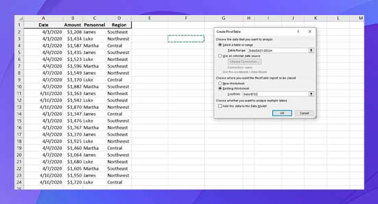 La herramienta PivotTable nos ayudará a analizar este sencillo conjunto de datos.