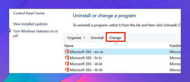 Seleccione Microsoft Office y haz clic en cambiar