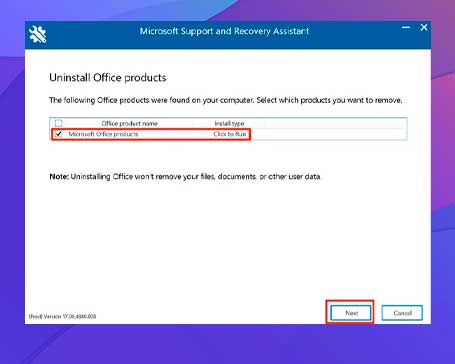 Seleccione su versión de Office y haga clic en Siguiente.
