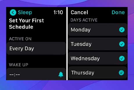 Toque Activo en para elegir los días en que desea que se ejecute la programación