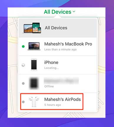 clic en Todos los dispositivos en la parte superior y selecciona tus AirPods
