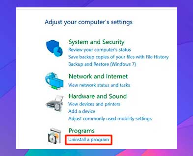 clic en la opción Desinstalar un programa