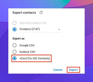 haga clic en Exportar para guardar los contactos en el equipo