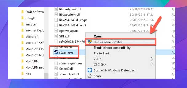 clic con el botón derecho en el archivo ejecutable steam.exe y ejecutar como administrador