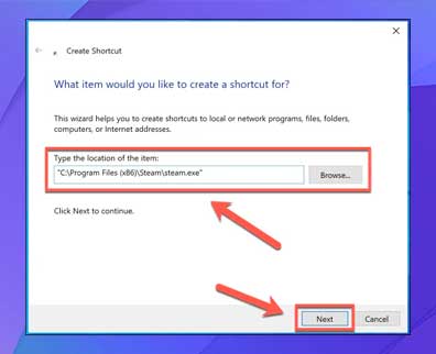 haga clic en Examinar para buscar el ejecutable steam.exe para el cliente de Steam
